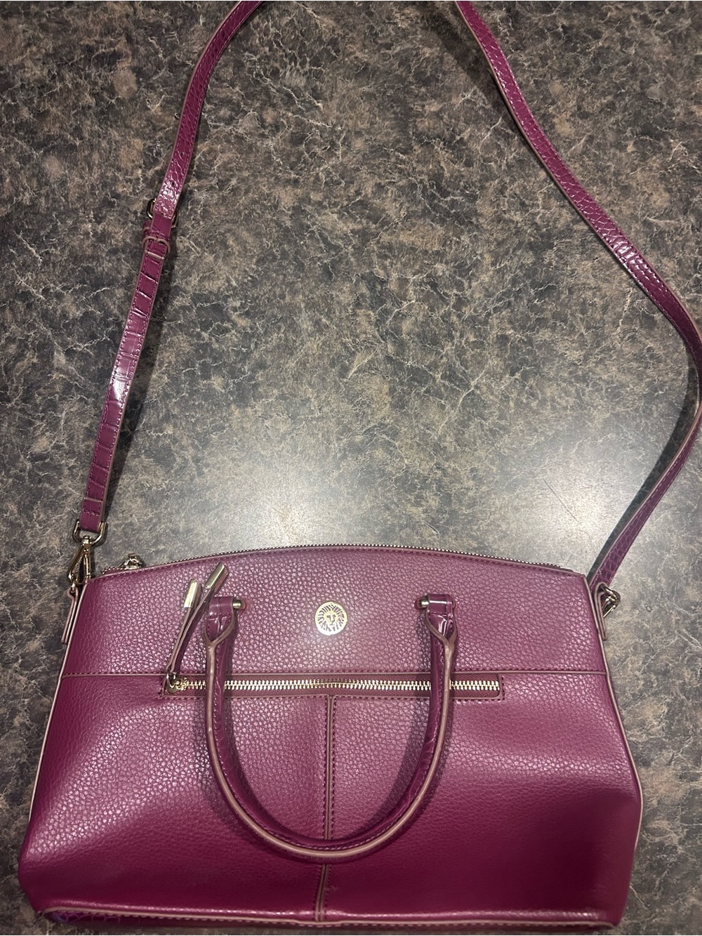 Anne Klein Plum Leather Satchel Shoulder Bag with Gold-Tone Accents